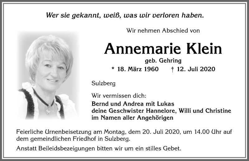  Traueranzeige für Annemarie Klein vom 16.07.2020 aus Allgäuer Zeitung,Kempten