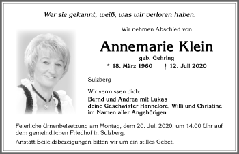 Traueranzeige von Annemarie Klein von Allgäuer Zeitung,Kempten