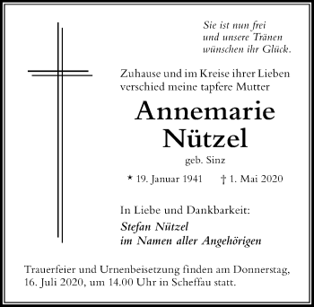 Traueranzeige von Annemarie Nützel von Der Westallgäuer