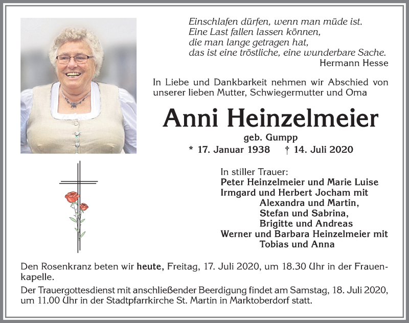  Traueranzeige für Anni Heinzelmeier vom 17.07.2020 aus Allgäuer Zeitung, Marktoberdorf