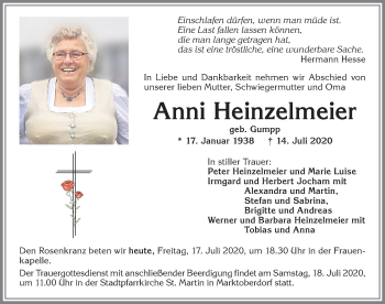 Traueranzeige von Anni Heinzelmeier von Allgäuer Zeitung, Marktoberdorf