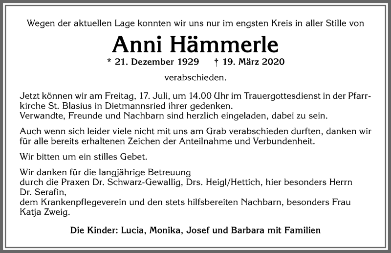  Traueranzeige für Anni Hämmerle vom 15.07.2020 aus Allgäuer Zeitung,Kempten