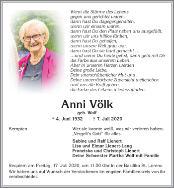 Traueranzeige von Anni Völk von Allgäuer Zeitung,Kempten