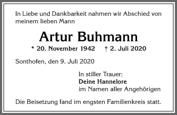 Traueranzeige von Artur Buhmann von Allgäuer Anzeigeblatt