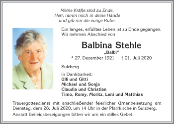 Traueranzeige von Balbina Stehle von Allgäuer Zeitung,Kempten