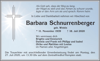 Traueranzeige von Barbara Schnurrenberger von Allgäuer Zeitung,Kempten
