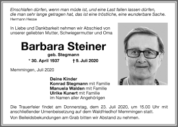 Traueranzeige von Barbara Steiner von Memminger Zeitung