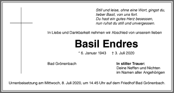 Traueranzeige von Basil Endres von Memminger Zeitung