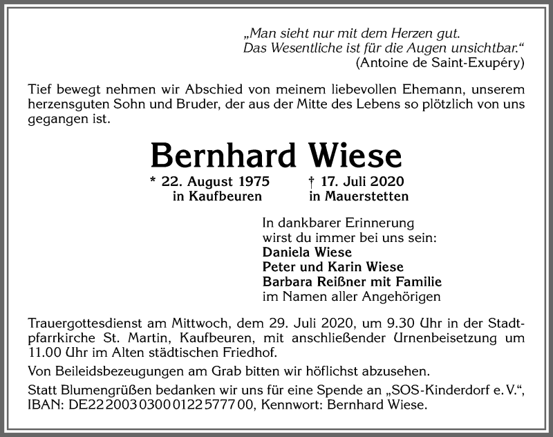  Traueranzeige für Bernhard Wiese vom 25.07.2020 aus Allgäuer Zeitung, Kaufbeuren/Buchloe
