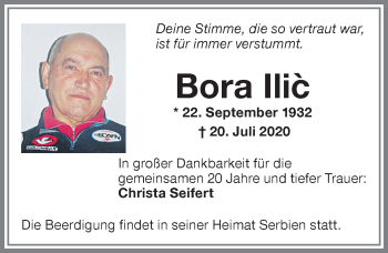 Traueranzeige von Bora Ilic von Memminger Zeitung