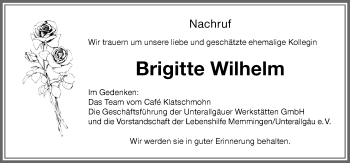 Traueranzeige von Brigitte Wilhelm von Memminger Zeitung