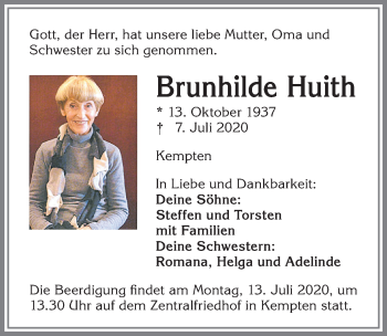 Traueranzeige von Brunhilde Huith von Allgäuer Zeitung,Kempten