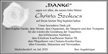 Traueranzeige von Christa Szakacs von Allgäuer Zeitung, Marktoberdorf