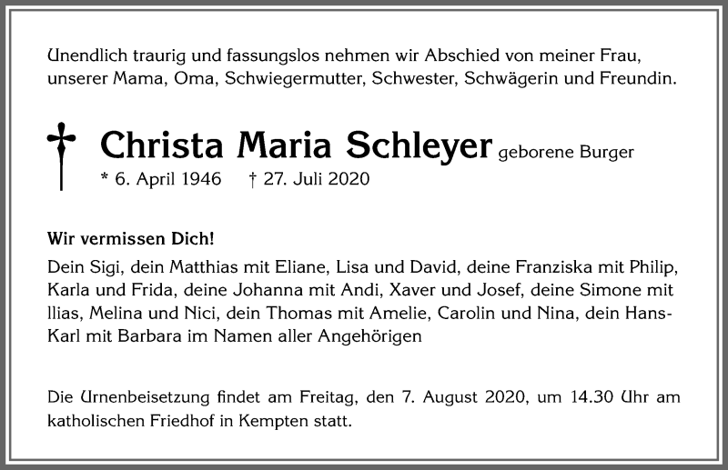  Traueranzeige für Christa Maria Schleyer vom 31.07.2020 aus Allgäuer Zeitung