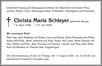 Traueranzeige von Christa Maria Schleyer von Allgäuer Zeitung