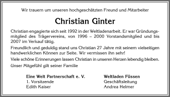 Traueranzeige von Christian Ginter von Allgäuer Zeitung, Füssen