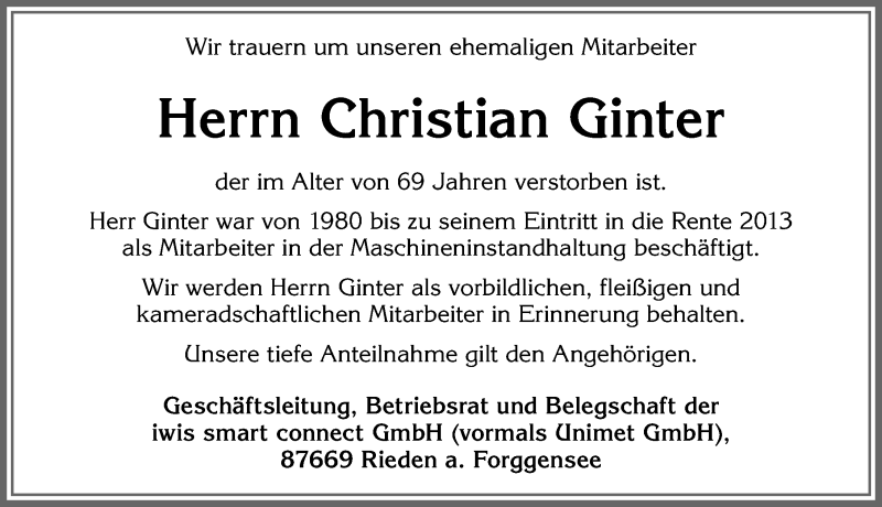  Traueranzeige für Christian Ginter vom 04.07.2020 aus Allgäuer Zeitung, Füssen