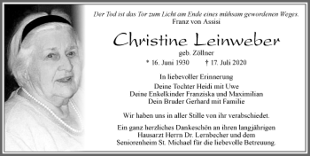 Traueranzeige von Christine Leinweber von Allgäuer Zeitung, Füssen