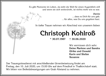 Traueranzeige von Christoph Kohlroß von Allgäuer Anzeigeblatt