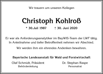 Traueranzeige von Christoph Kohlroß von Allgäuer Zeitung,Kempten