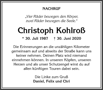 Traueranzeige von Christoph Kohlroß von Allgäuer Anzeigeblatt