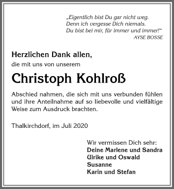 Traueranzeige von Christoph Kohlroß von Allgäuer Anzeigeblatt