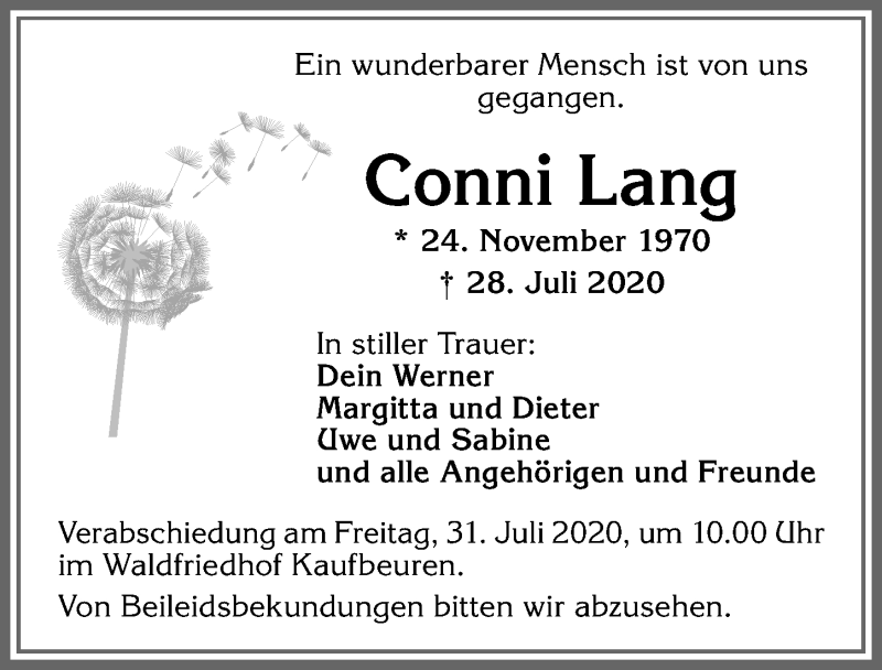  Traueranzeige für Conni Lang vom 30.07.2020 aus Allgäuer Zeitung, Kaufbeuren/Buchloe