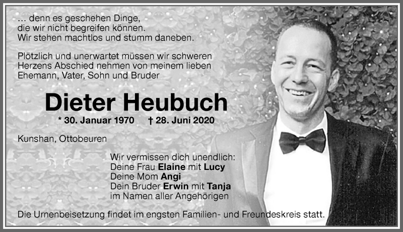  Traueranzeige für Dieter Heubuch vom 11.07.2020 aus Memminger Zeitung