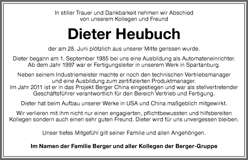  Traueranzeige für Dieter Heubuch vom 24.07.2020 aus Memminger Zeitung