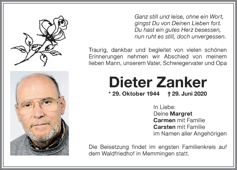  Traueranzeige für Dieter Zanker vom 04.07.2020 aus Memminger Zeitung