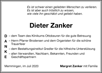 Traueranzeige von Dieter Zanker von Memminger Zeitung