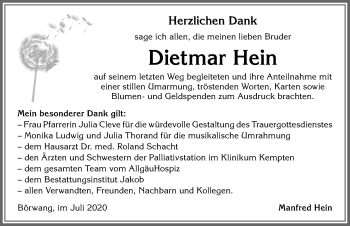 Traueranzeige von Dietmar Hein von Allgäuer Zeitung,Kempten