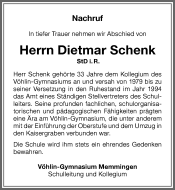 Traueranzeige von Dietmar Schenk von Memminger Zeitung