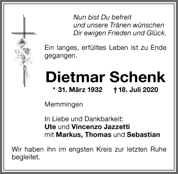 Traueranzeige von Dietmar Schenk von Memminger Zeitung