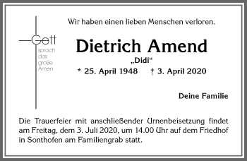 Traueranzeige von Dietrich Amend von Allgäuer Anzeigeblatt