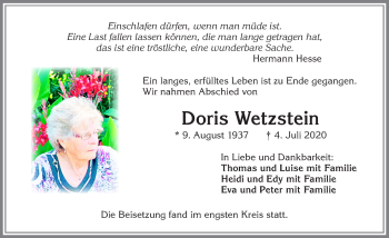 Traueranzeige von Doris Wetzstein von Allgäuer Zeitung,Kempten