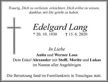 Traueranzeige von Edelgard Lang von Allgäuer Zeitung, Füssen