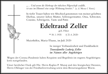 Traueranzeige von Edeltraud Zeller von Der Westallgäuer