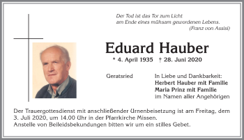 Traueranzeige von Eduard Hauber von Allgäuer Anzeigeblatt