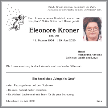 Traueranzeige von Eleonore Kroner von Allgäuer Anzeigeblatt
