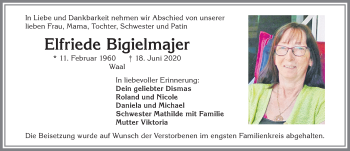 Traueranzeige von Elfriede Bigielmajer von Allgäuer Zeitung, Kaufbeuren/Buchloe
