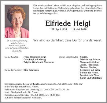 Traueranzeige von Elfriede Heigl von Allgäuer Zeitung,Kempten