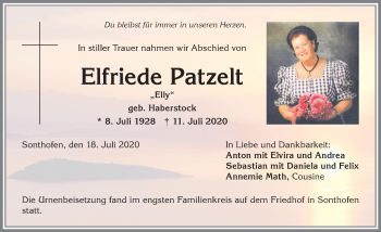 Traueranzeige von Elfriede Patzelt von Allgäuer Anzeigeblatt