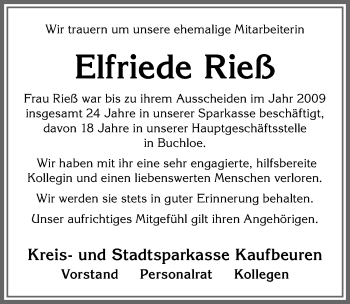 Traueranzeige von Elfriede Rieß von Allgäuer Zeitung, Kaufbeuren/Buchloe