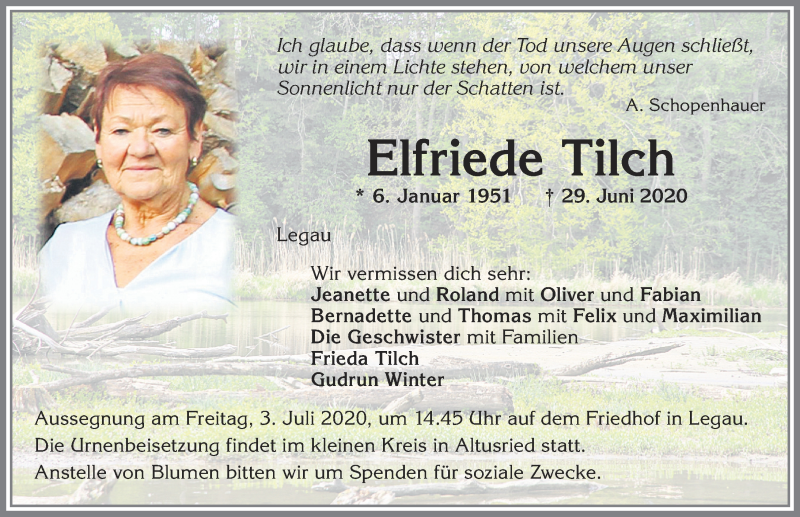  Traueranzeige für Elfriede Tilch vom 01.07.2020 aus Allgäuer Zeitung,Kempten