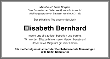 Traueranzeige von Elisabeth Bernhard von Memminger Zeitung