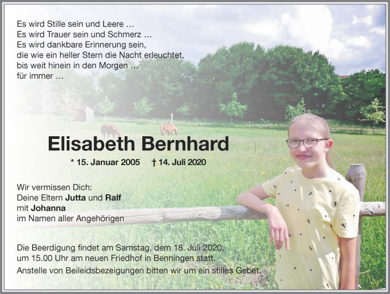  Traueranzeige für Elisabeth Bernhard vom 17.07.2020 aus Memminger Zeitung