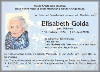 Traueranzeige von Elisabeth Golda von Allgäuer Zeitung, Marktoberdorf