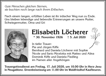 Traueranzeige von Elisabeth Löcherer von Allgäuer Zeitung, Kaufbeuren/Buchloe