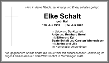 Traueranzeige von Elke Schalt von Memminger Zeitung